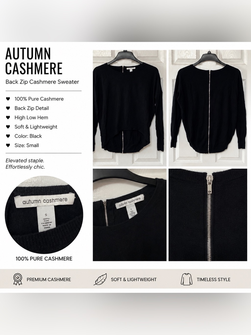 Autumn Cashmere Black Crewneck Cashmere Sweater with Back Zip - Picture 5 of 5